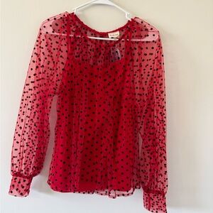 Sheer Red Polka Dot Long-Sleeve Blouse